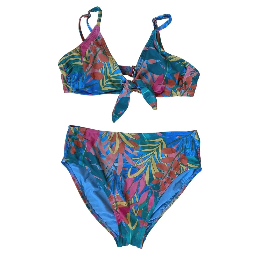 Kona Sol Womens Tropical Leaf Bikini Set Blue Pink Tie Front Top L‎ Bottom M